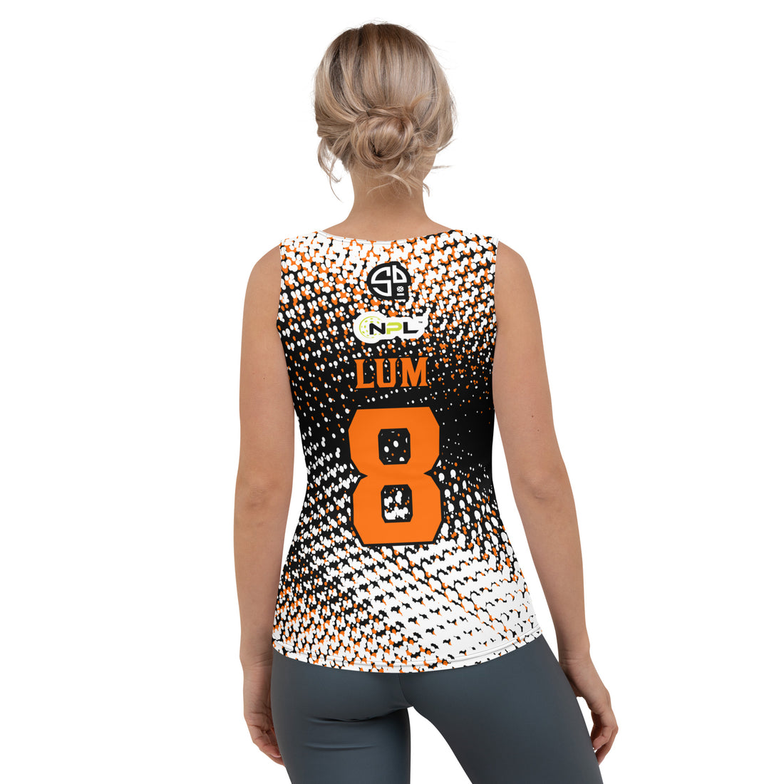Tina Lum 8 Austin Ignite™ SKYblue™ 2023 Body-Hugging Tank Top - Black/White/Orange