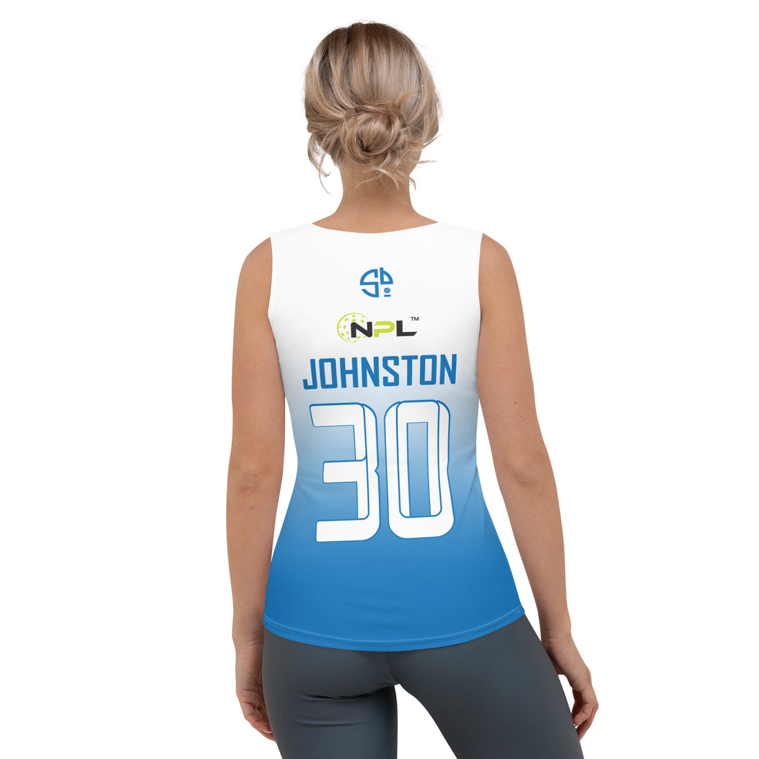 Scott Johnston 30 Boca Raton Picklers™ SKYblue™ Women's Sleeveless Fan Jersey in Ombre Turquoise